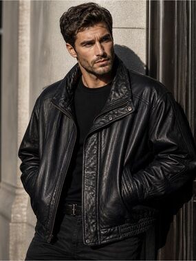 Members Only 90's Mens Black Genuine Leather Bomber Jacket Vintage Size Large